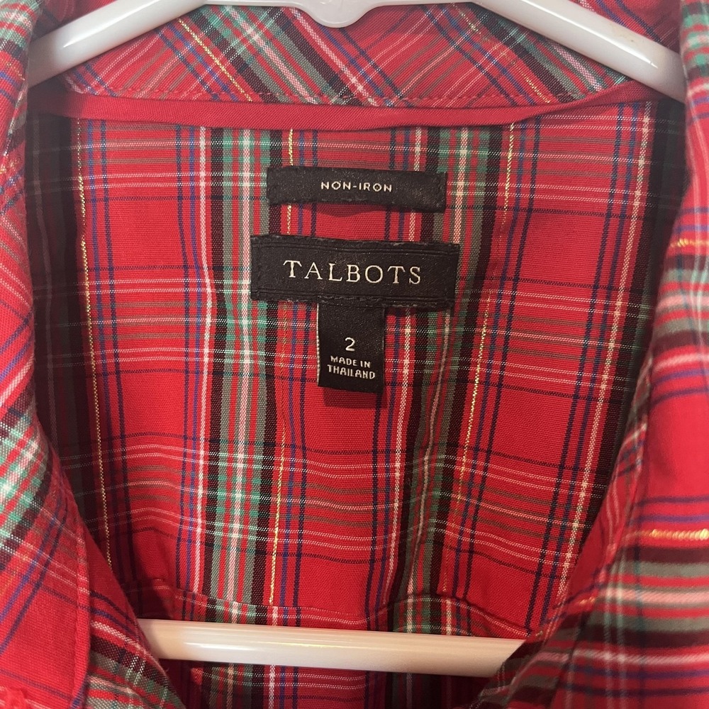 Talbots Shirt Womens 2 Red Plaid Button Front Long Sleeve Non Iron Stretch Top - Picture 2 of 6